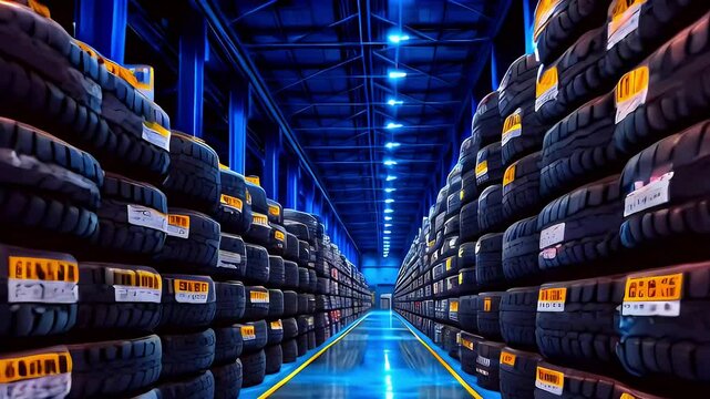 Tire stack in warehouse with metallic structure background and yellow strip floor.