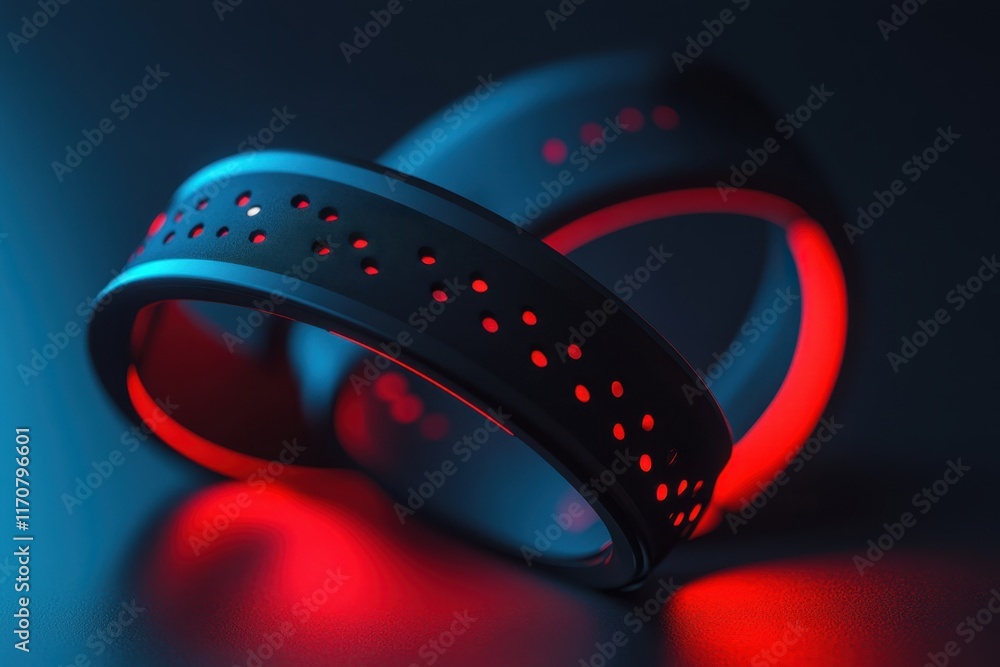 Poster modern fitness bands illuminated in blue and red light creating a dynamic display