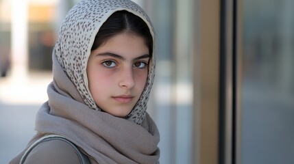 Resilient Palestinian Teenage Girl in City Setting with Neutral Tones, Clad in Casual Attire