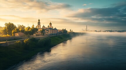 Sunrise over River Cityscape with Churches and Fog
