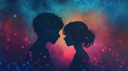 anime love tender gaze between lovers with pastel background