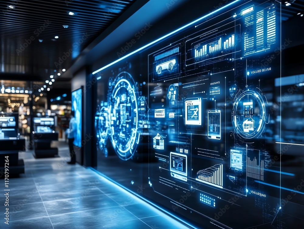 Aufkleber futuristic data visualization: interactive blue digital display in modern retail space