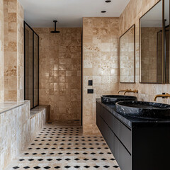 a master bathroom with large white travertine slabs on walls
