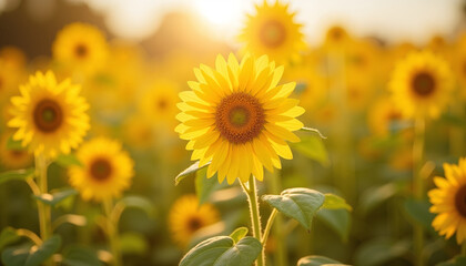 Sunflower blooming in golden field at sunset
