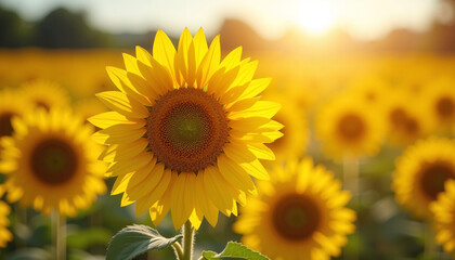 Fototapeta premium Sunflower blooming in a field at sunset