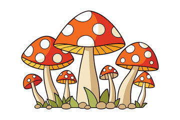 A vibrant illustration of fly mushrooms growing in the grass, surrounded by autumn leaves and colorful plants, showcasing red toadstools and green fungi in a natural forest setting