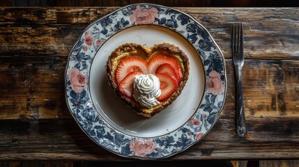 Heart-shaped dessert with strawberries and whipped cream on a floral plate for Valentine's Day celebration