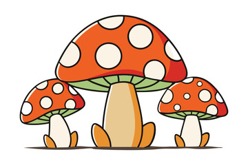 Cartoon illustration of red mushrooms in the forest and grass, featuring a cute toadstool with white spots, surrounded by autumn leaves and green plants, isolated in nature
