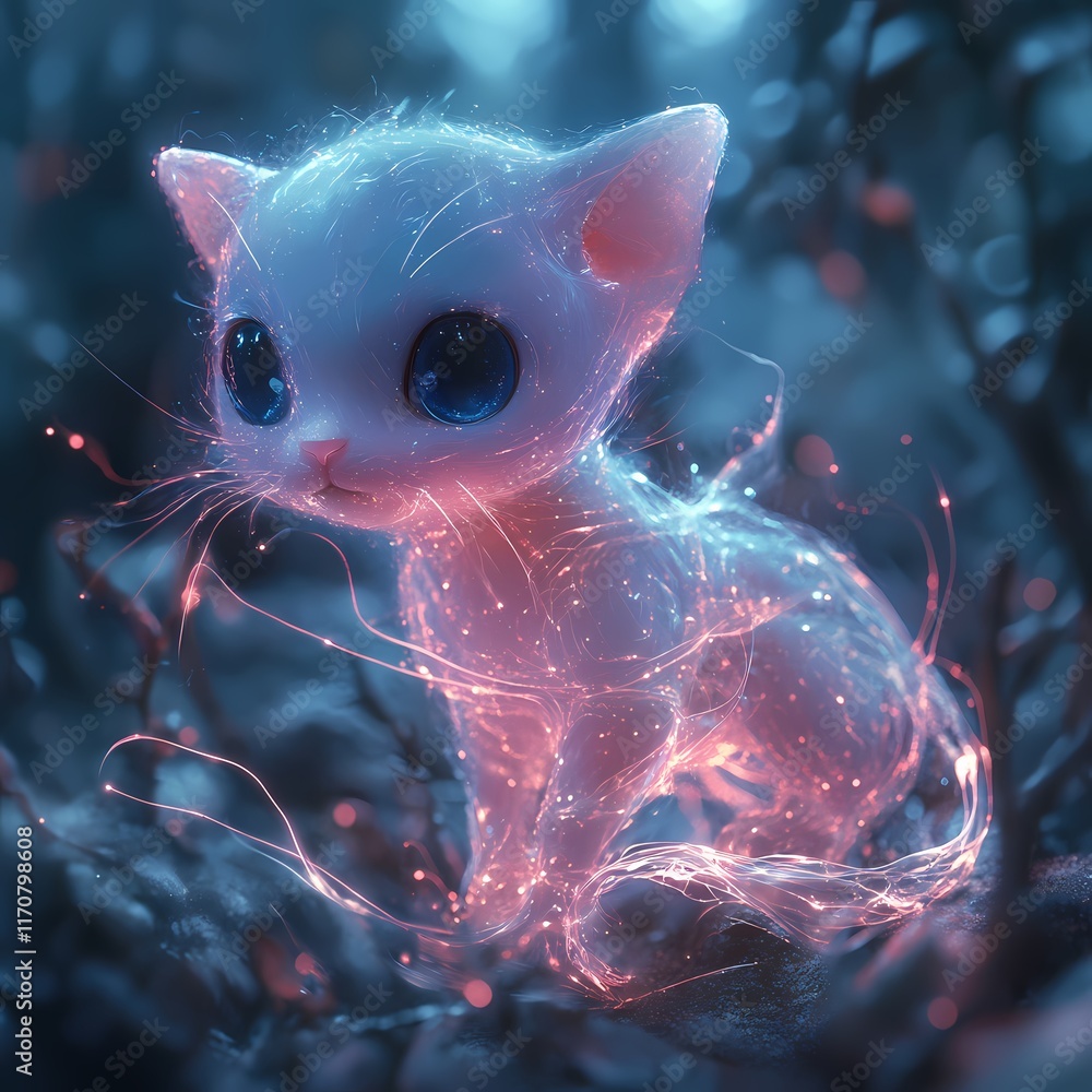 Aufkleber magical glowing kitten exploring an enchanting forest at twilight. generative ai