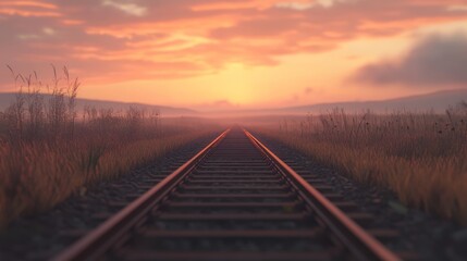 Fototapeta premium Railroad tracks disappearing into a vibrant sunset over a field of tall grass.