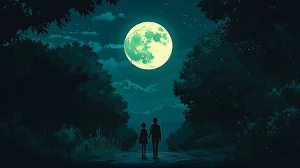 Fototapeta premium anime love holding hands walking under full moon
