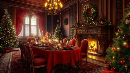 Festive Christmas Dining Room Decorated with Elegant Red Table Setting, Twinkling Lights, Christmas Trees, and Cozy Fireplace in Opulent Interior