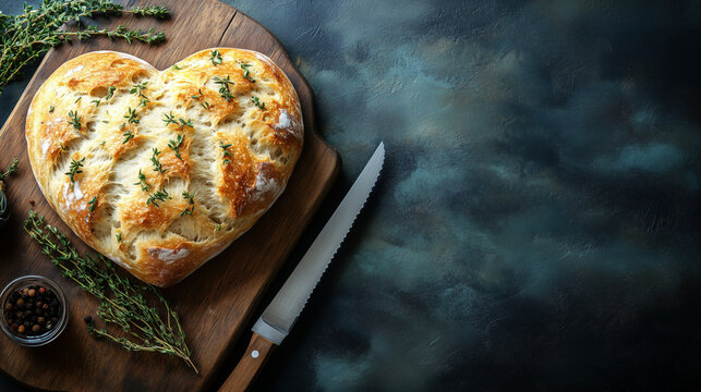 Freshly baked heart-shaped bread on a wooden board with herbs and a knife for Valentine's Day celebration