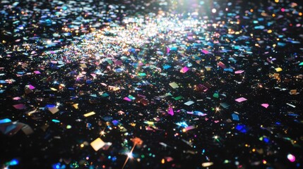 Sparkling Confetti Background Iridescent Glitter Texture with Rainbow Colors on Black