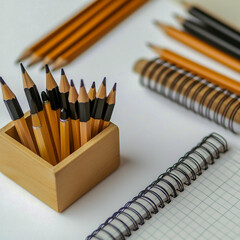 Tools for effective learning pencils, paper, and an ergonomic desk organizer on white background