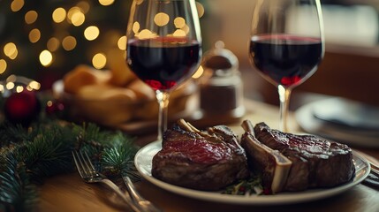 Indulge in a festive dinner featuring rich lamb chops and red wine amid holiday decorations. Generative AI