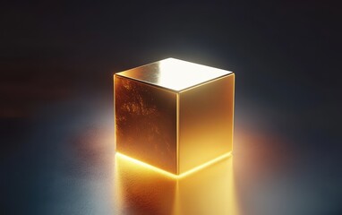 Glowing Golden Cube Abstract 3D Render of Illuminated Gold Block on Dark Reflective Surface