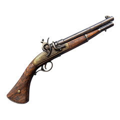 A vintage flintlock pistol with a wooden grip and metal accents, used historically in combat.