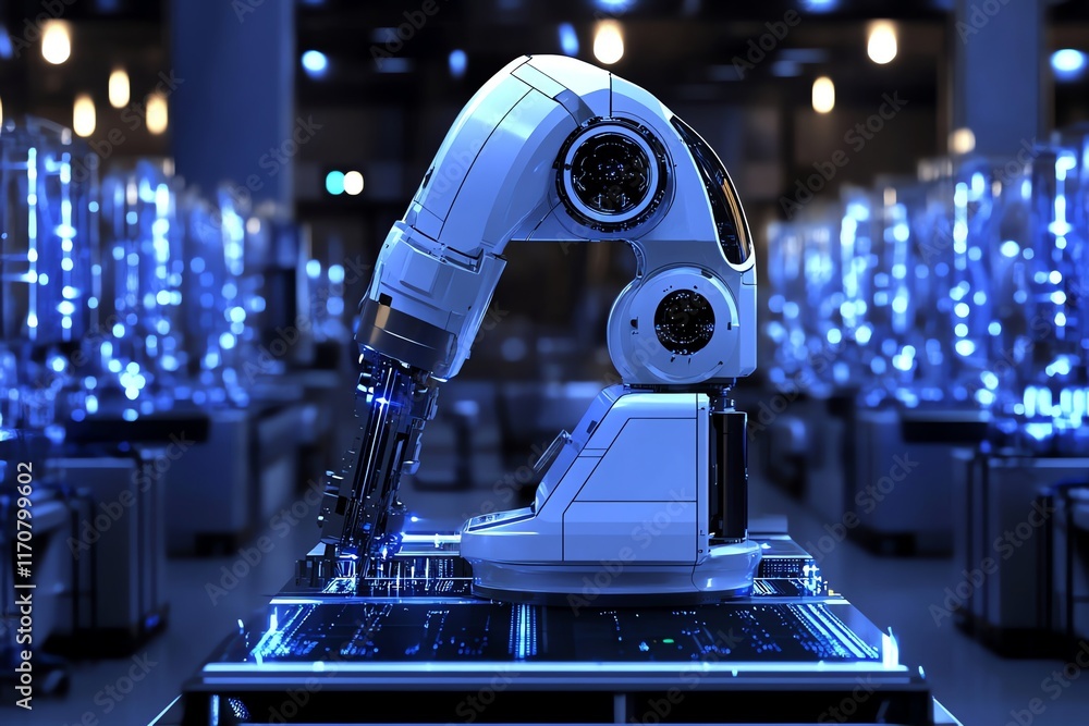 Poster futuristic robotic arm: precision engineering in a blue-lit factory