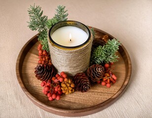 Burning christmas candle wrapped in twine on wooden tray with pine cones