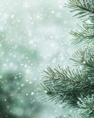 Frosty Pine Branch with Falling Snowflakes Winter Wonderland Background Image