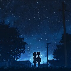 Obraz premium anime love couple sharing sweet kiss under starry night sky