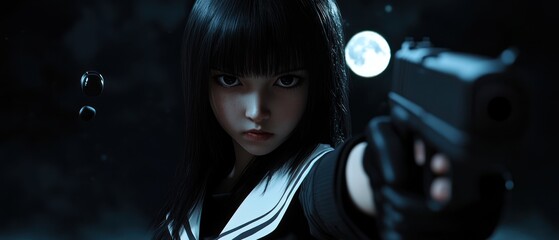 Determined female figure aiming a gun.