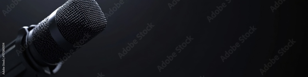Poster close-up of professional microphone against black background for audio recording concepts