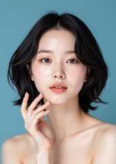 Close-up shot of an Asian woman&rsquo;s radiant skin from her skincare routine, minimal makeup, and dark wavy bob hairstyle, posing in front of a clean blue backdrop