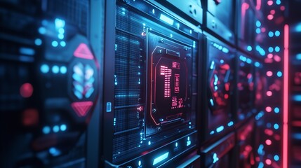 Fototapeta premium Futuristic Technology Server Panel Red Blue Neon Lights Digital Interface Data Code Glow Dark SciFi 