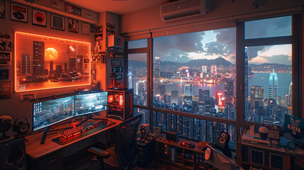 Obraz premium A futuristic office space with multiple computer monitors displaying data and a large window overlooking a city skyline during sunset.