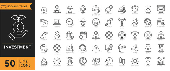 Investment icon set. Containing economy, financial gain, interest investor, mutual fund, asset, risk management, and more. Vector illustration.