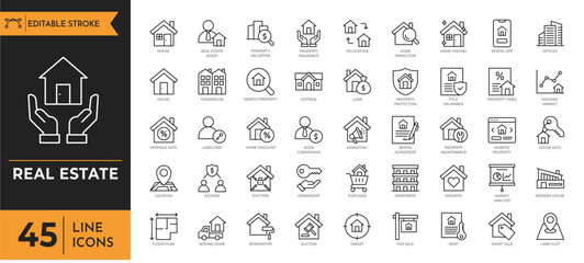 Real estate icon set. Containing realty, property, mortgage, home loan and more. Vector illustration