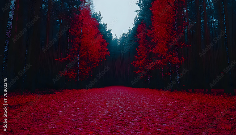Poster enchanting autumnal path through a dark forest, vibrant red leaves carpet the ground, creating a mys