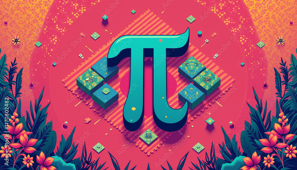 Poster colorful pi symbol with geometric patterns on vibrant background