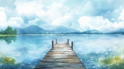 Naklejka premium Serene Lakeside Watercolor Painting with Wooden Dock