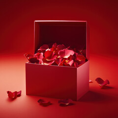 Red gift box overflowing with red rose petals on red background.