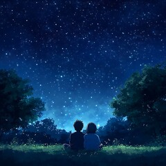 anime love couple cuddling under stars in peaceful night sky