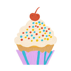 Simple cartoon cupcake with sprinkles and a cherry on top