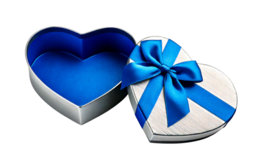 A silver heart-shaped box with an open lid, decorated with a blue bow, set against a transparent background; PNG