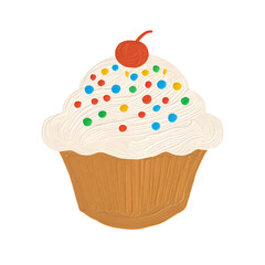 Simple cartoon cupcake with sprinkles and a cherry on top