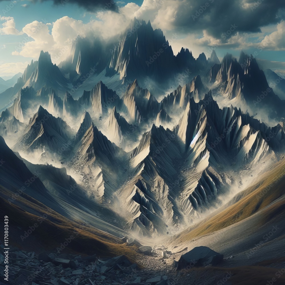 Poster disintegrating mountains a photograph of a mountain range with c