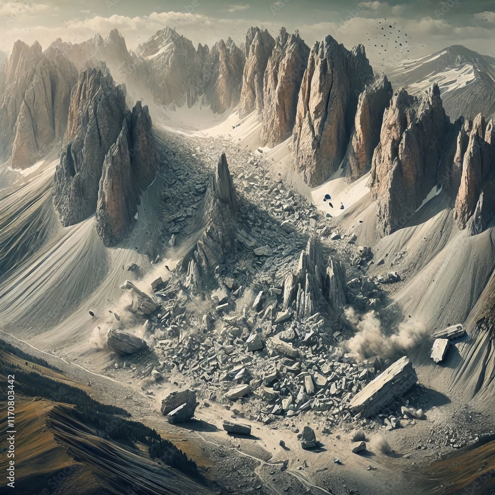 Poster disintegrating mountains a photograph of a mountain range with c