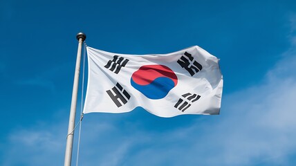 Fototapeta premium South Korea's flag waves against a clear blue sky during a sunny day in an urban setting