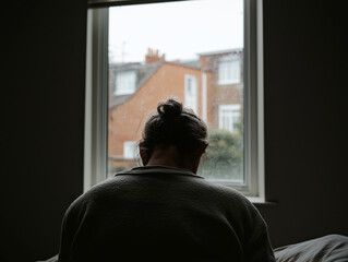 Back view of a person sitting by a window, lost in thought on a quiet, rainy day
