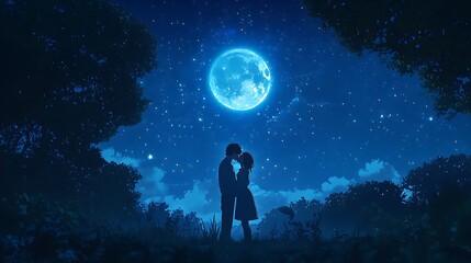 Fototapeta premium anime love intimate kiss in moonlight with shining stars