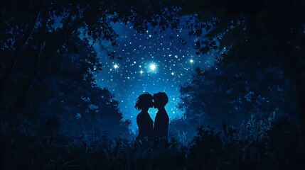 Obraz premium anime love intimate kiss in moonlight with shining stars