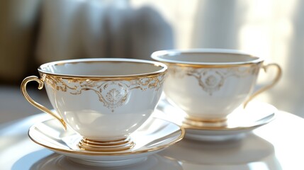 Two elegant, ornate porcelain teacups and saucers, showcasing intricate gold detailing, sit on a white surface, bathed in soft, natural light.