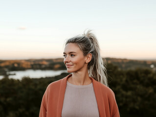 Woman with blonde hair in a messy bun enjoying a peaceful moment outdoors during golden hour
