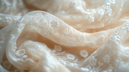 Fototapeta premium Delicate Beige Lace Fabric With Floral Embroidery